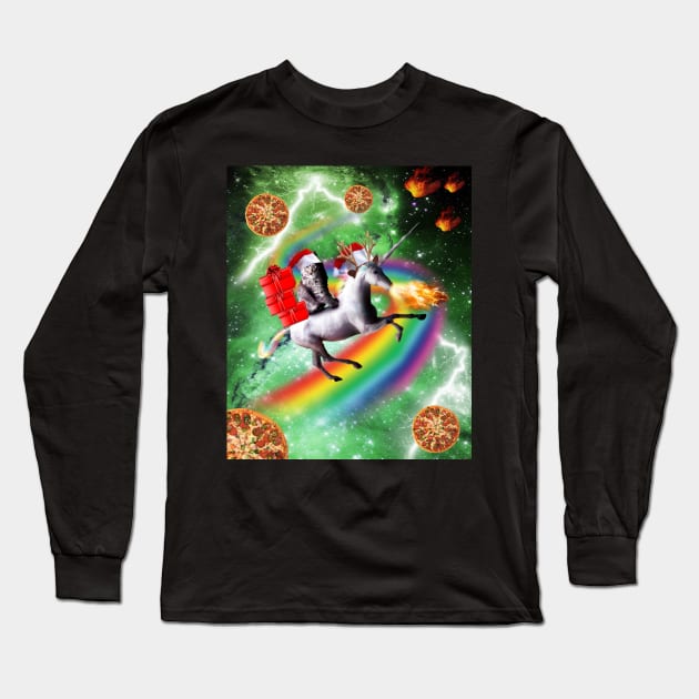 Christmas Cat Santa Riding Unicorn, Space Pizza Funny Long Sleeve T-Shirt by Random Galaxy